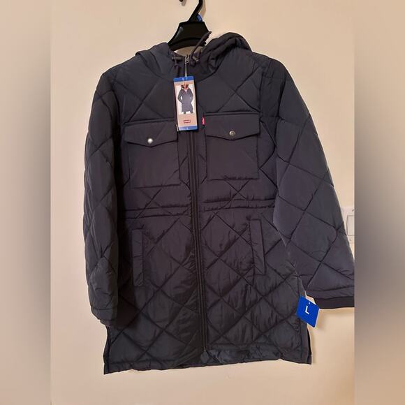 Levi's Women's Soft Sherpa Lined Diamond Quilted Long Blue Parka Jacket New - Picture 2 of 8